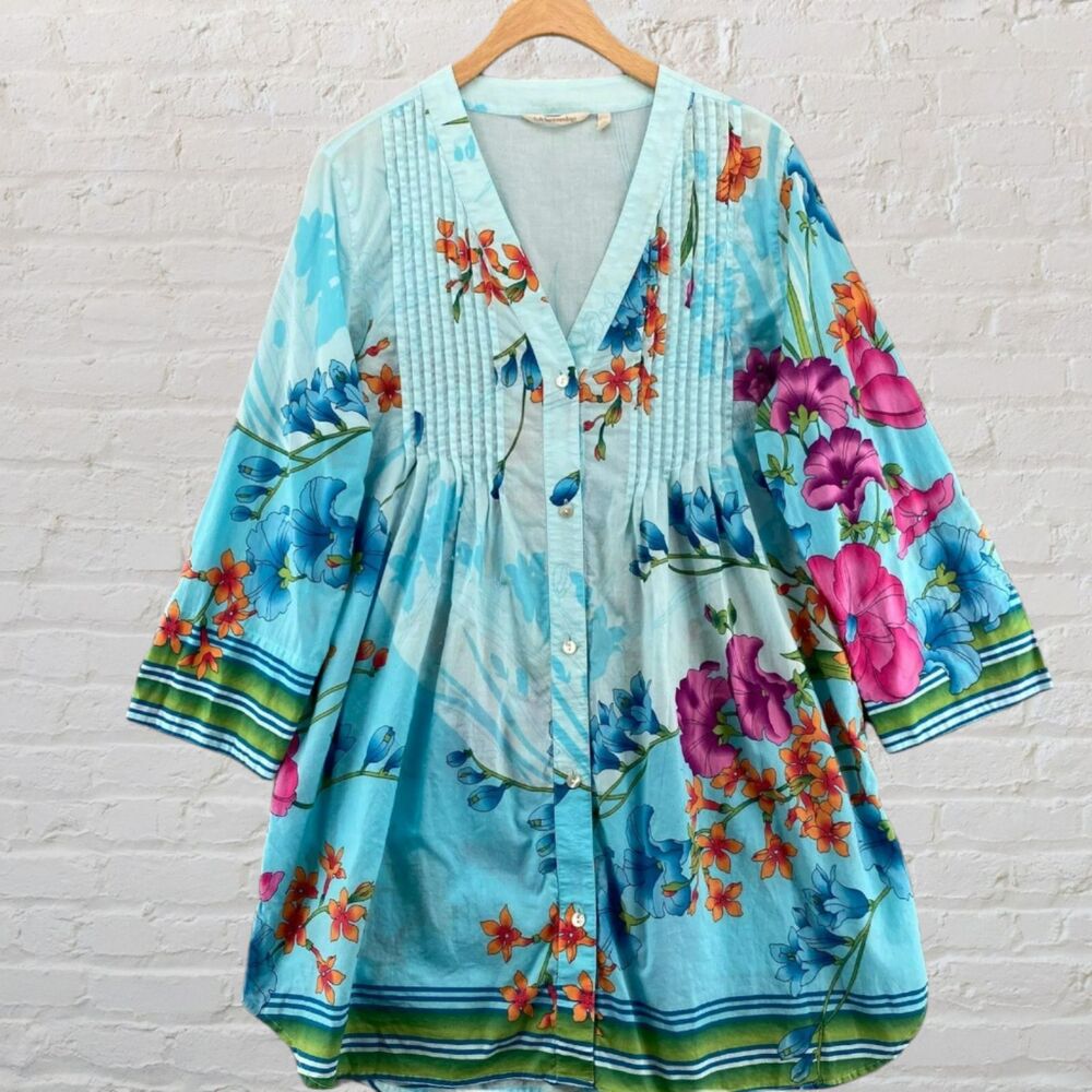 Soft Surroundings L'atalante Pintuck Tunic Top Size PM Petite Medium Blue Floral
